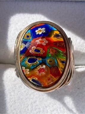 Multicolor Faceted Millifiore Glass and Sterling Silver Statement Ring